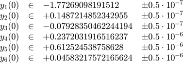 $$
\begin{array}{cclc}
y_1(0) &\in& -1.772 690 981 915 12 &\pm 0.5\cdot 10^{-7} \\
y_2(0) &\in& +0.148 721 485 234 295 5 &\pm 0.5\cdot 10^{-7} \\
y_3(0) &\in& -0.079 283 504 622 441 94 &\pm 0.5\cdot 10^{-7} \\
y_4(0) &\in& +0.237 203 191 651 623 7 &\pm 0.5\cdot 10^{-6} \\
y_5(0) &\in& +0.612 524 538 758 628 &\pm 0.5\cdot 10^{-6} \\
y_6(0) &\in& +0.045 832 175 721 656 24 &\pm 0.5\cdot 10^{-6}
\end{array}
$$